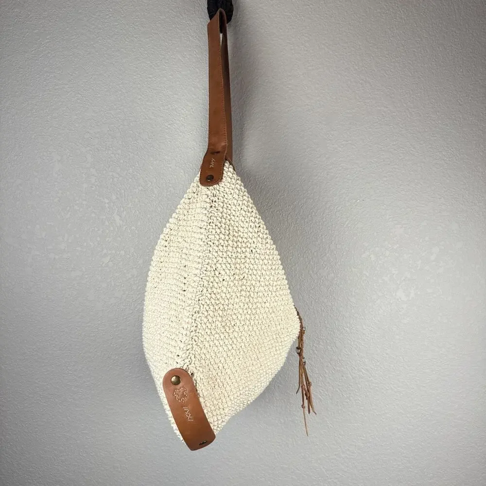 Lucky Brand Ivory Cotton Crochet Leather Trim Boho Hobo Shoulder Bag Purse Tote